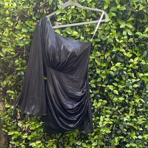 One-Shoulder Black Satin Draped Mini Dress